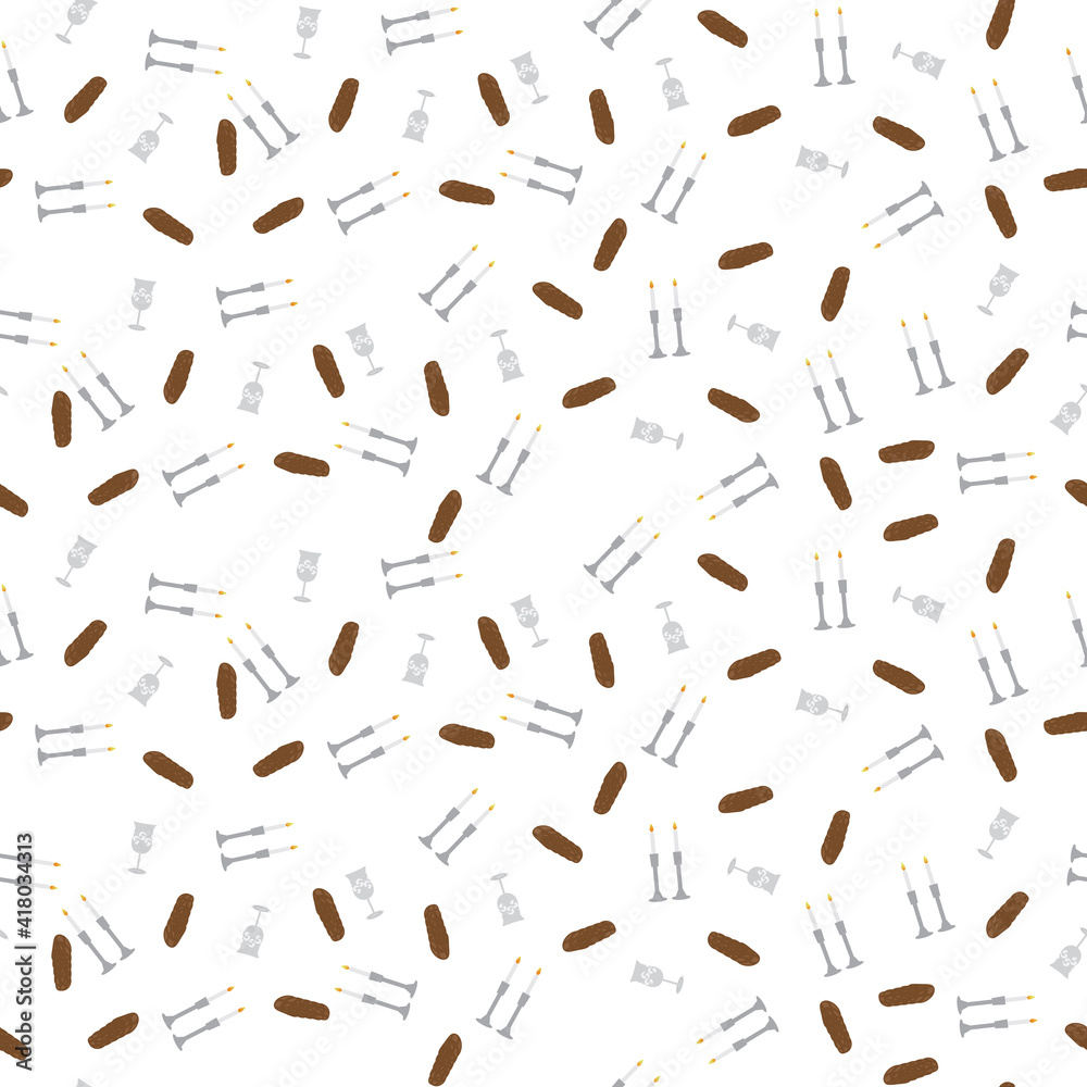 Jewish Shabbat seamless pattern, Shabbat candles, Kiddush cup and Challah pattern on White background Jewish Shabbat seamless pattern, Shabbat candles, Kiddush cup and Challah pattern on White background