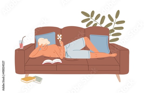 Person relaxing on sofa with handheld electric mini fan blowing cool air on hot summer day. Young man chilling and reading books at home. Colored flat vector illustration isolated on white background