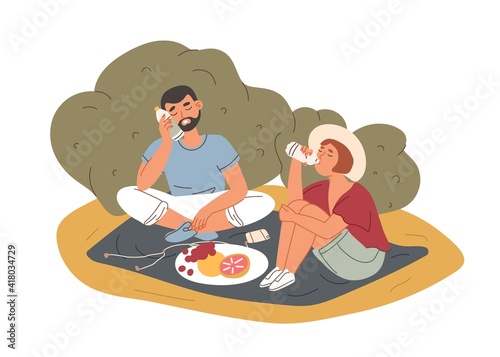 Tired thirsty people drinking cooling water on picnic in hot summer. Feeling of thirst and dehydration in heat and high air temperature. Colored flat vector illustration isolated on white background