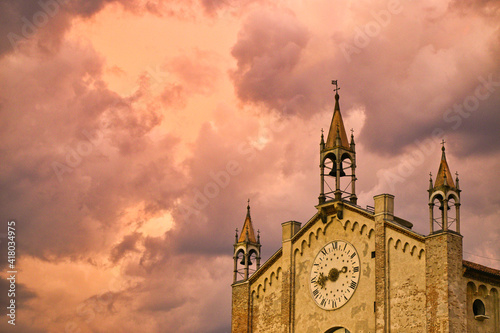 Montagnana, Italy - August 6, 2017: Detail of the gothic cathedral of Montagnana, Padova, Italy.