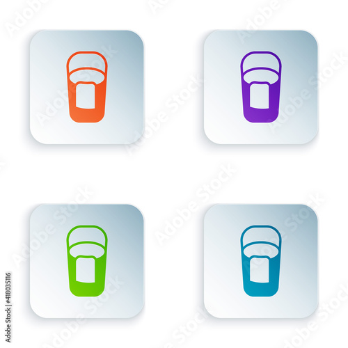 Color Bucket with rag icon isolated on white background. Cleaning service concept. Set colorful icons in square buttons. Vector.