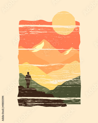 illustration of mountains and mountain climber silhouettes in grunge style