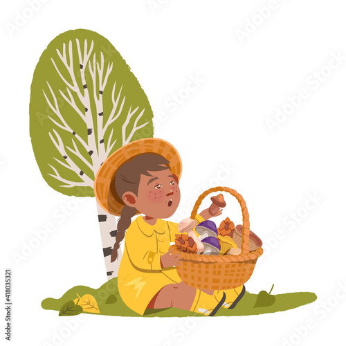 Happy Girl Character in Rubber Boots and Raincoat Picking Mushrooms in Wicker Basket Vector Illustration