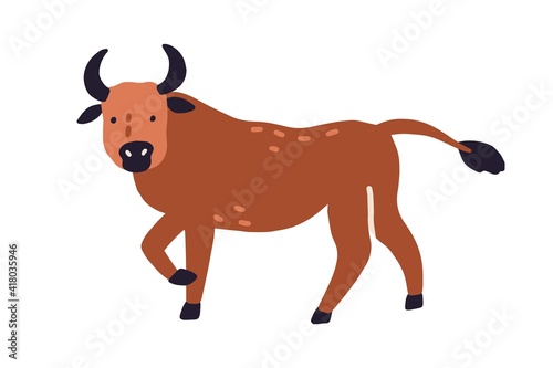 Cute bull or ox isolated on white background. Funny buffalo animal. Colored flat vector illustration of wild horny character isolated on white background