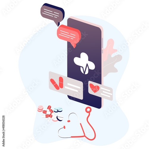 Online tele medicine flat illustration concept. Medical consultation and treatment via application of smartphone connected internet clinic. Online ask doctor consultation technology in mobile vector.
