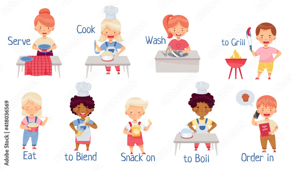 Little Children at Kitchen Cooking, Eating, Serving and Boiling Vector Set Little Children at Kitchen Cooking, Eating, Serving and Boiling Vector Set