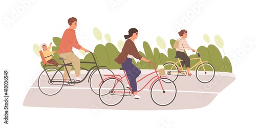Happy and healthy family with kids cycling in summer. Parents with children riding bikes or bicycles together. Colored flat vector illustration of bonding outdoor activity isolated on white background