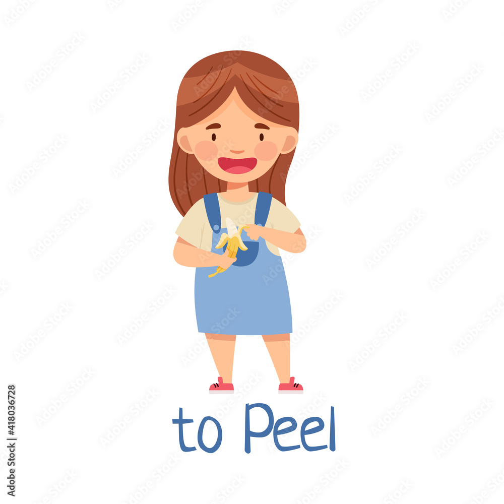 Little Girl Standing and Peeling Banana Fruit Vector Illustration Little Girl Standing and Peeling Banana Fruit Vector Illustration