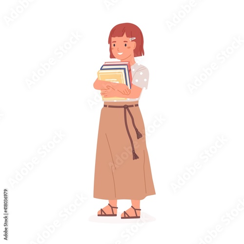Happy girl standing with pile of books. Smiling child holding stack of textbooks from school library. Colored flat vector illustration of female kid or schoolgirl isolated on white background