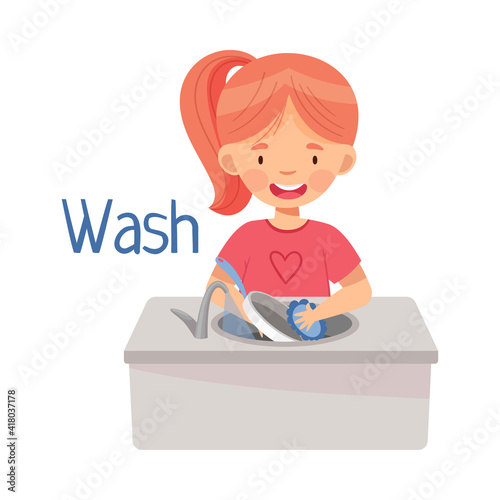 Smiling Girl Washing Dishes in Kitchen Sink with Sponge Vector Illustration