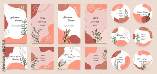 Social story templates and highlights covers vector set. Social media background design with floral and hand drawn organic shapes textures. Abstract minimal trendy style wallpaper.