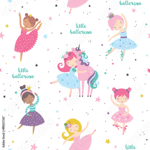 Pretty ballerinas with flowers childish seamless pattern. Creative nursery texture. Perfect for kids design, fabric, wrapping, wallpaper, textile, apparel