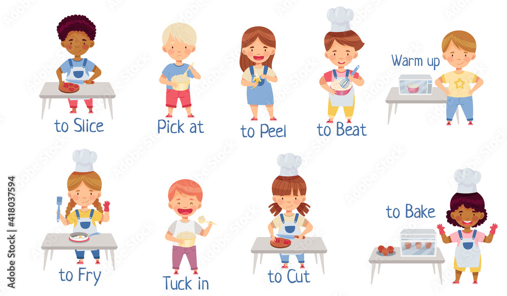 Little Children at Kitchen Cooking, Eating, Baking and Slicing Vector Set Little Children at Kitchen Cooking, Eating, Baking and Slicing Vector Set