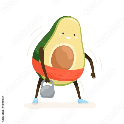 Cute strong avocado exercising with weight and training its muscles. Funny fruit with happy face lifting dumbbell during workout. Colored flat cartoon vector illustration isolated on white background
