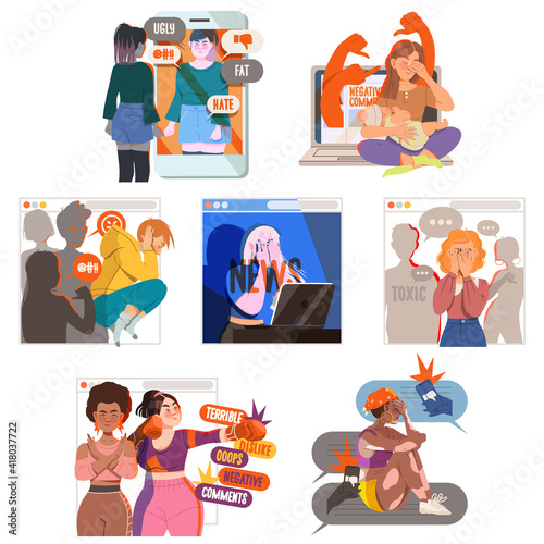 Victim of Cyberbullying Suffering from Violence and Hatred from Social Media Vector Illustration Set