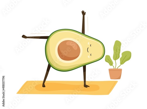 Cute and funny avocado doing sports exercises or practicing yoga on mat. Happy comic fat fruit working out. Colored flat cartoon vector illustration of childish character isolated on white background