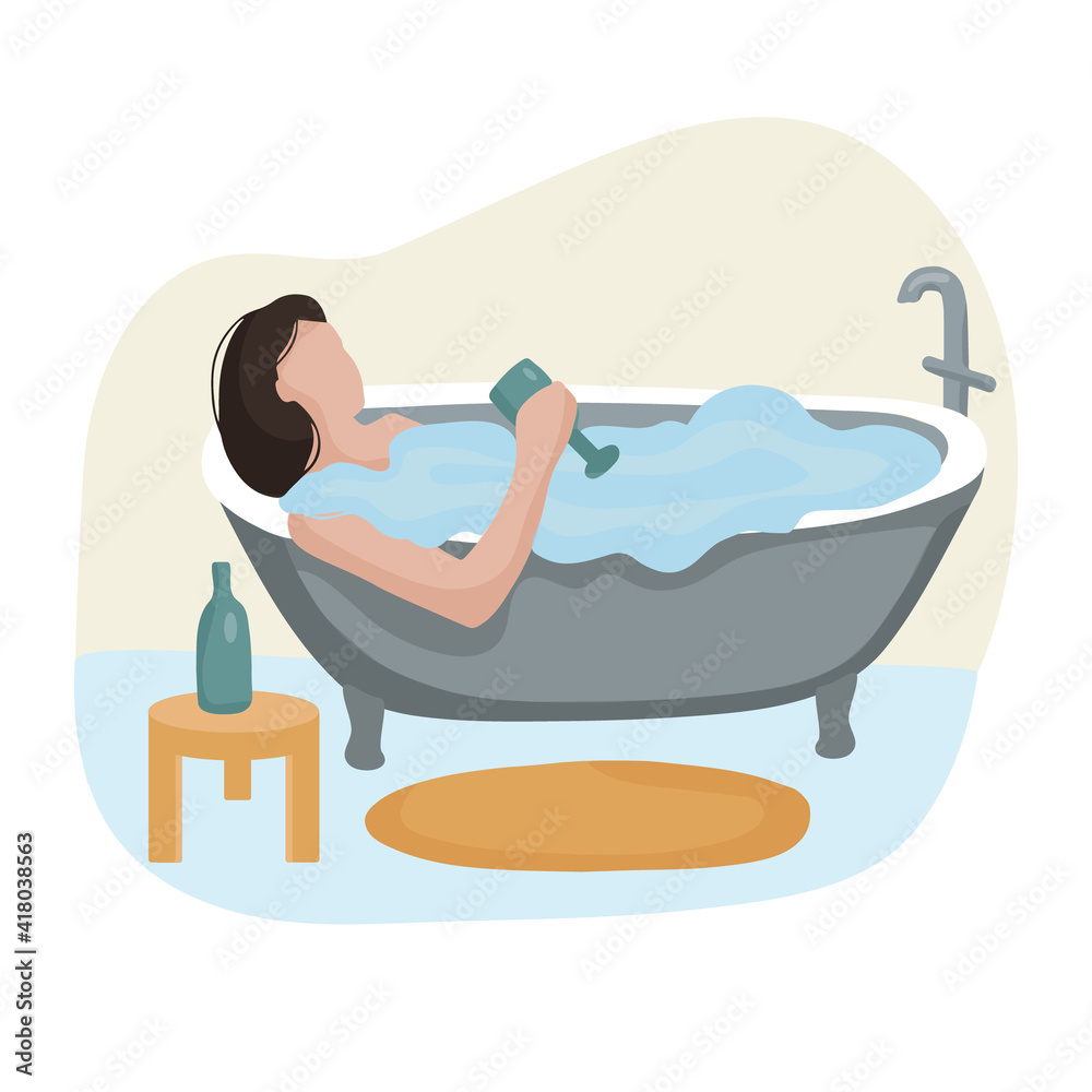 Fototapeta premium Woman relaxing in the bathroom with a glass of wine. Relaxing after a day of work. Vector flat illustration