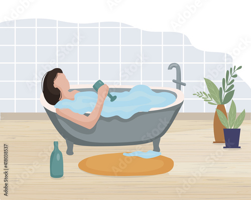 Woman relaxing in the bathroom with a glass of wine. Relaxing after a day of work. Vector flat illustration