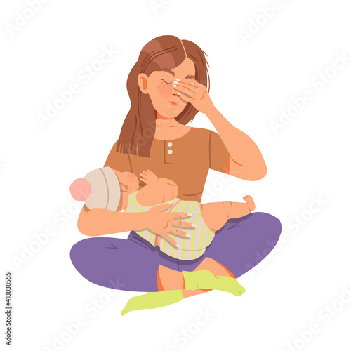Young Exhausted Female Sitting with Newborn Baby on Her Knees Vector Illustration
