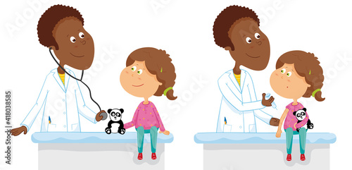 Docteur homme vaccine fille. Vaccination et visite médicale enfant dessin. Illustration médicale vectorielle.