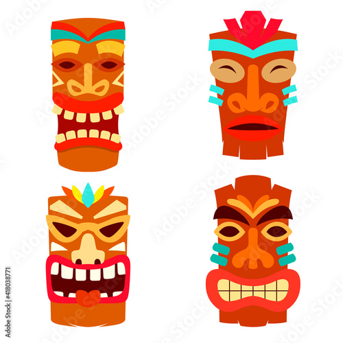 Set of Illustration of tiki idol in flat style. Design element for logo, label, sign, poster. Vector illustration