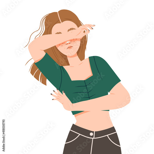 Young Woman Dodging from Negative Emotion Covering Her Face with Her Hand Vector Illustration