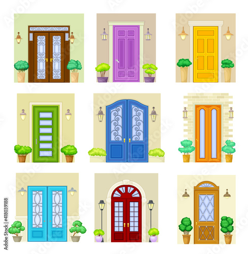 Front Door Facade with Decorative Bushes in Cachepot and Light Vector Set