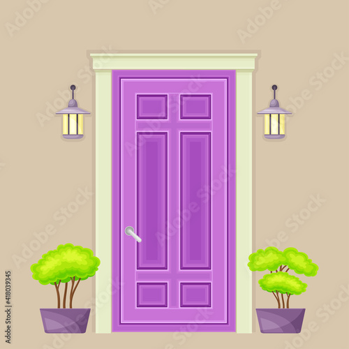 Purple Single Door Facade Decorated with Green Bushes in Cachepot and Light Vector Illustration