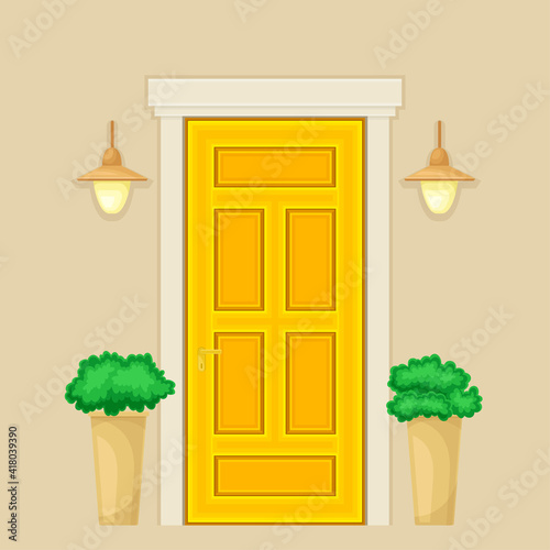 Yellow Single Door Facade Decorated with Green Bushes in Cachepot and Light Vector Illustration