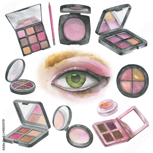 A set of decorative cosmetics for make-up. Palette with eyeshadow and powder. Watercolor drawing.