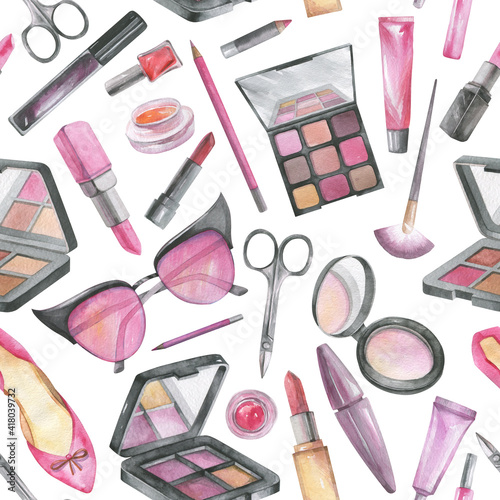 Seamless watercolor pattern of decorative cosmetics and accessories on a white background.