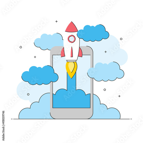rocket launch smartphone, startup business concept flat vector design