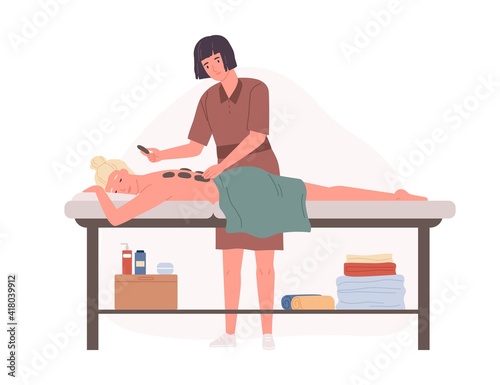 Massage therapist and patient during hot stone SPA wellness body therapy in salon. Woman relaxing and enjoying physiotherapy. Colored flat cartoon vector illustration isolated on white background