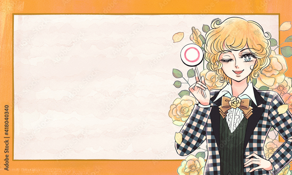 Φωτογραφία 昭和の少年愛漫画風・マル札を持つ笑顔の美少年・花とフレーム