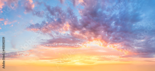 Amazing Panorama of Sunset Sunrise Sundown Sky with colorful clouds