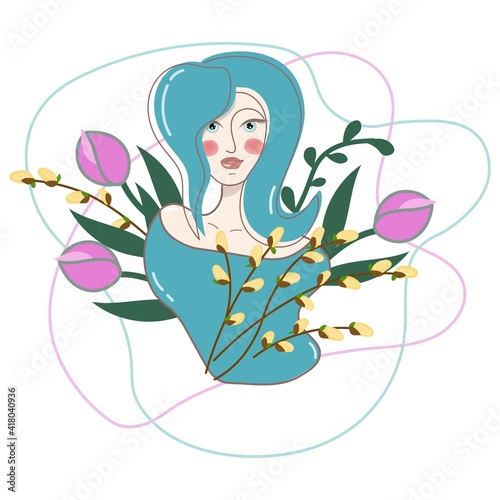 Portrait of modern stylish woman. Festive card with cute girl, tulips and pussy willow branches. Vector isolated illustration on white background.
