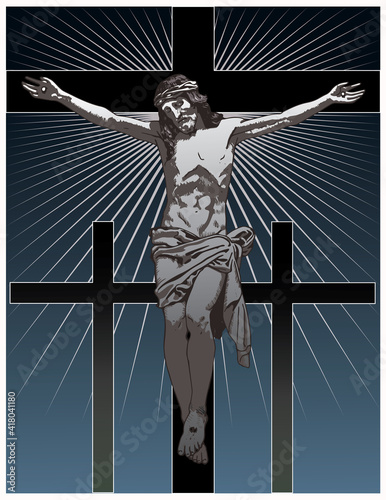 vector image of jesus christ crucified on the cross in the style of classical graphics postcard engraving icons