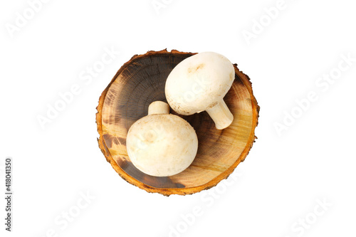 Champignons on a round cutting board isolated on white