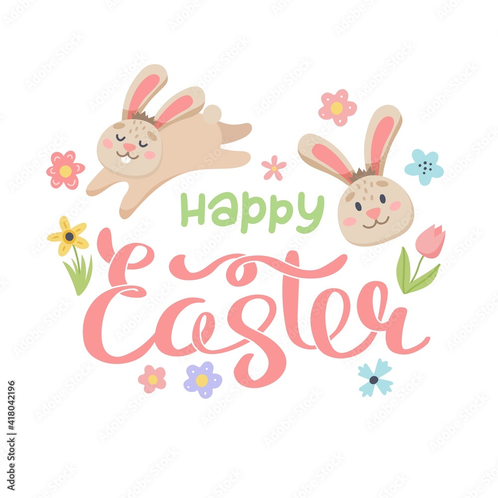 Happy easter lettering with bunnies and flowers. Cute hand drawn vector illustration, card template Happy easter lettering with bunnies and flowers. Cute hand drawn vector illustration, card template