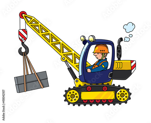 Mobile truck crane with a driver. Vector cartoon