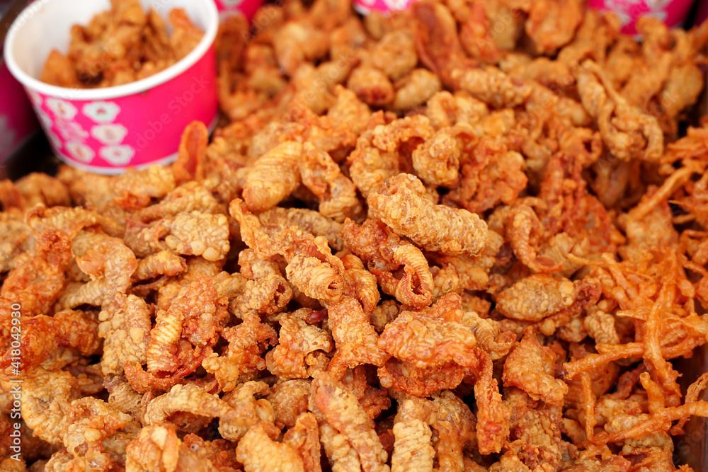 Crispy chicken skins that are delicious to eat.   