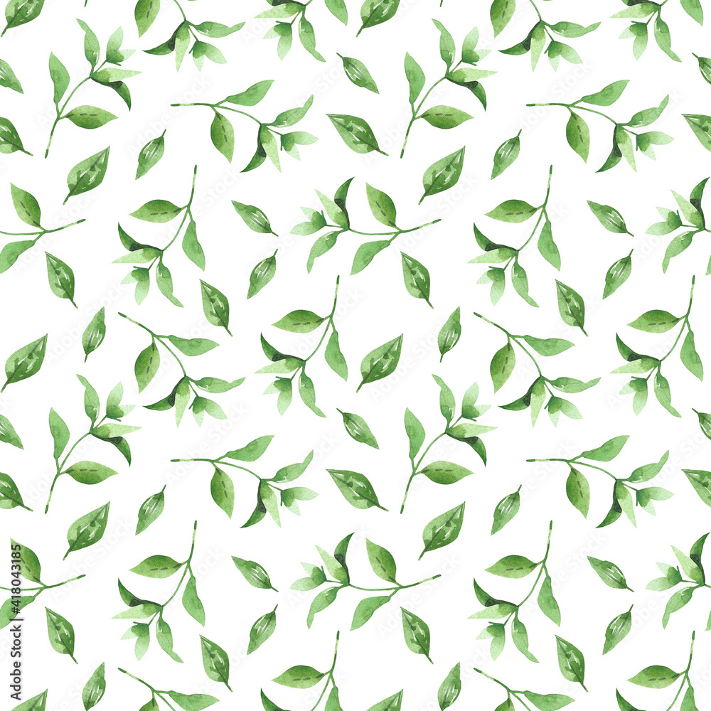 Watercolor seamless pattern with hand drawn tea branches and leaves. Fresh green tea leaves background. Texture for packaging tea, packaging paper, fabric.