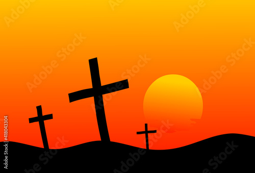 Three cross and mountain silhouette stock illustration