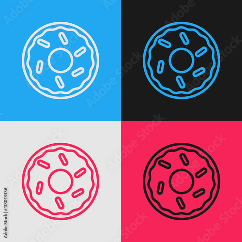 Pop art line Donut with sweet glaze icon isolated on color background. Vector.