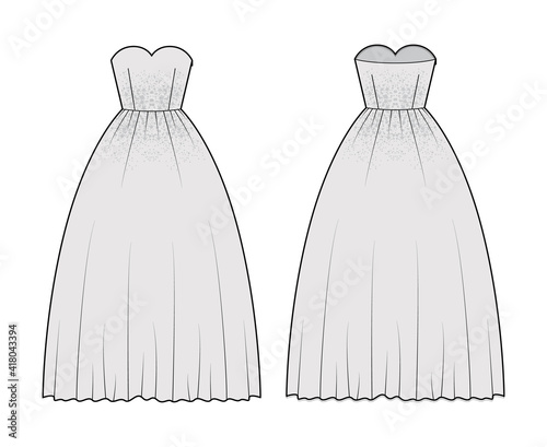 Crinoline dress technical fashion illustration with strapless sweetheart neckline, floor length, full skirt, embellishment motif. Flat template front back grey color style. Women men unisex CAD mockup