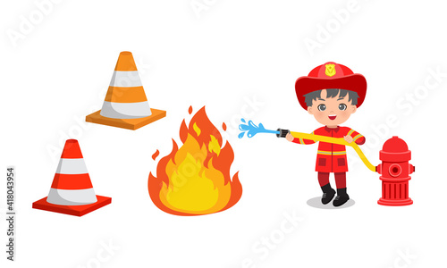 Cute boy in fire fighter uniform extinguish flame with water hose. Flat vector cartoon design isolated