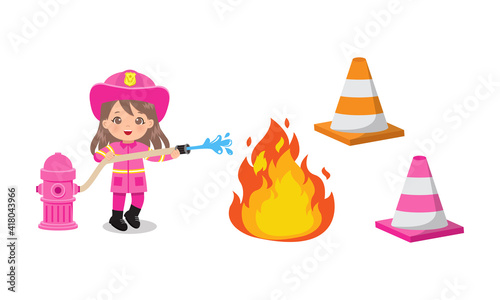 Cute girl in pink fire fighter uniform extinguish flame with water hose. Flat vector cartoon design isolated