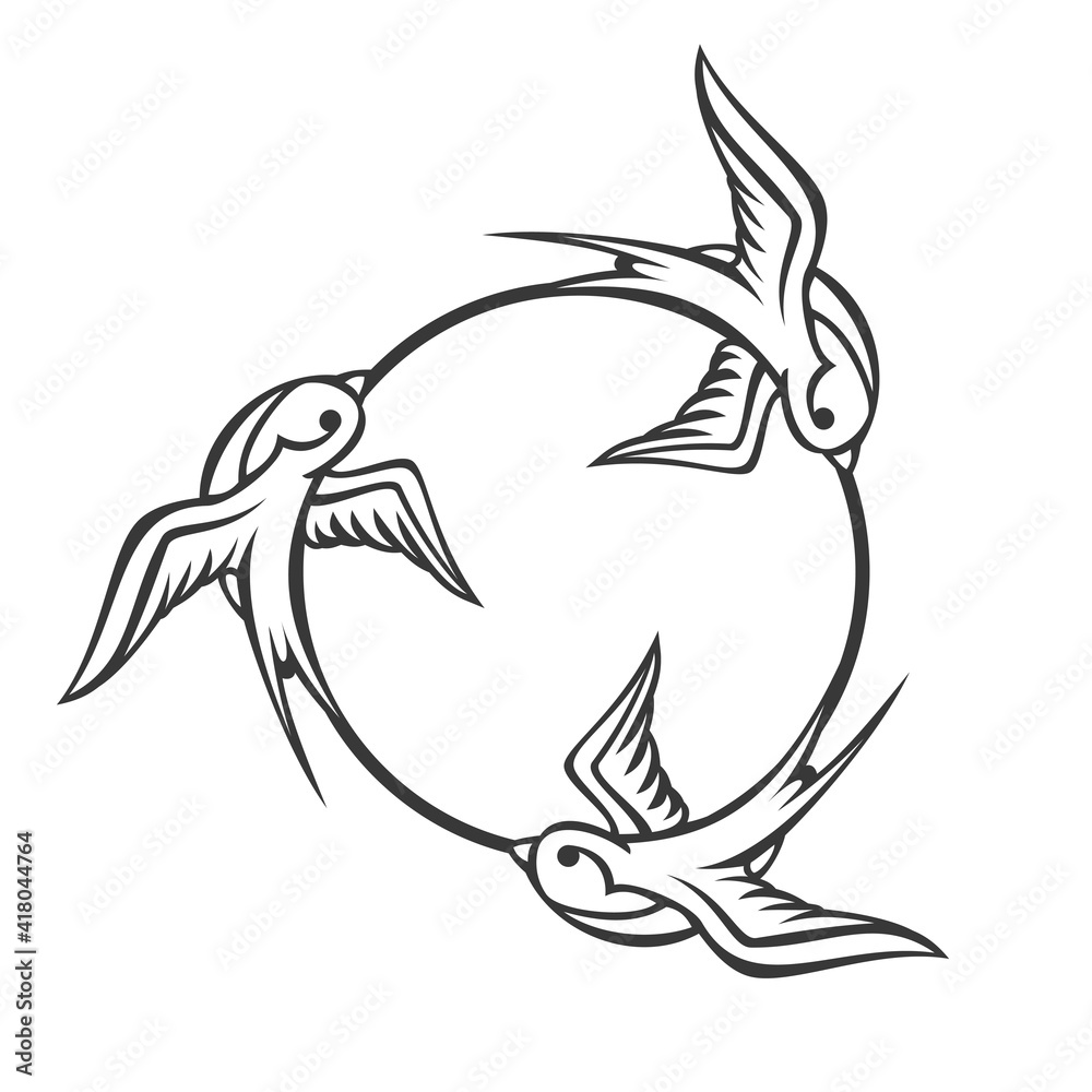 Three flying in circle monochrome swallow isolated on white background. Design bird in retro vintage style for old school tattoo, print, label, poster. Vector illustration. Three flying in circle monochrome swallow isolated on white background. Design bird in retro vintage style for old school tattoo, print, label, poster. Vector illustration.