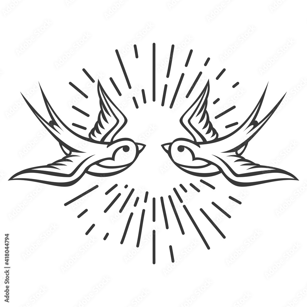Two cartoon flying swallow isolated on white background. Design bird in retro vintage style for old school tattoo, print, label, poster. Vector illustration.