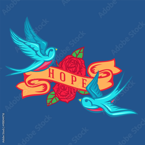 Two cartoon flying swallow with ribbon and roses isolated on blue background. Design bird in retro vintage style for old school tattoo  print  label  poster. Vector illustration.